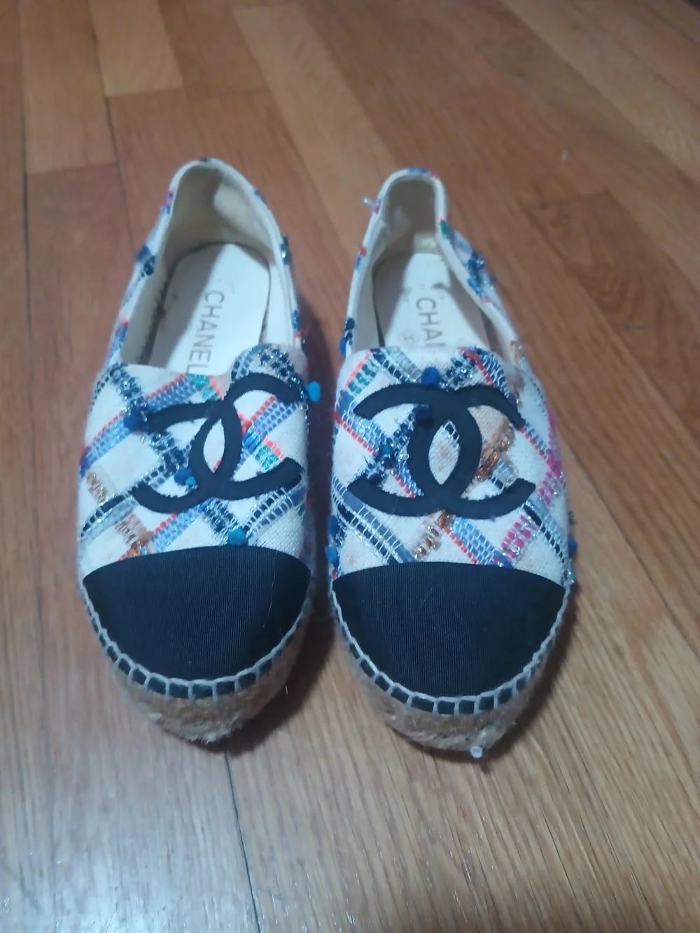 CHANEL Multicolor Tweed Espadrilles with Black Cap Toe